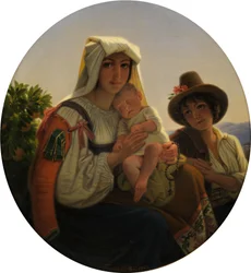 Italienische Mutter mit Kleinkind und Jungen in einer Landschaft